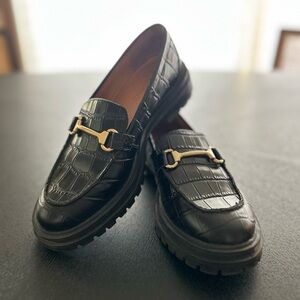 Madewell Black Croc-Embossed Loafers with Gold Buckle